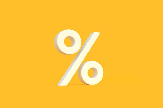 White percentage sign on a yellow background with copy space Minimal creative concept 3D render