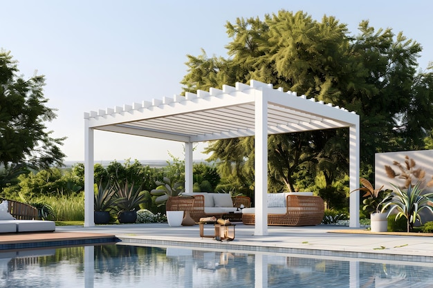 a white pergola with a pool and a table with chairs and a table