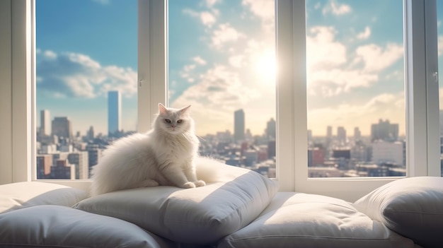 White persian cat relax on sofa in living room with city view