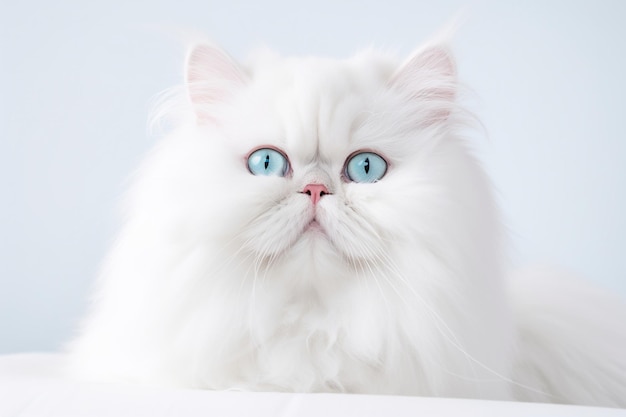 A white persian cat with blue eyes sits on a blue background.