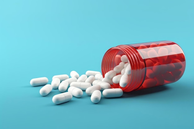 White pharmaceutical capsules with antibiotic spilled from a red jar on a blue background