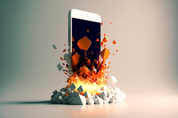 A white phone is breaking into a pile of bricks and is breaking through the screen.