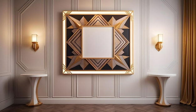 white photo frame hanging on a gallery wall in an art decoinspired dining room with geometric patte