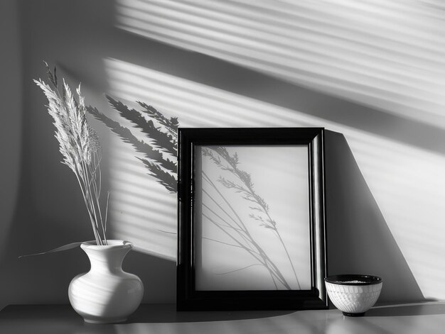 Photo white photo frame on a minimal brick wall for mockup