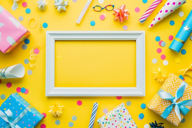 A white photo frame with party decorations and gifts