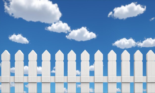 Photo white picket fence against blue sky with clouds