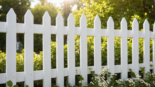 White picket fence with green foliage behind