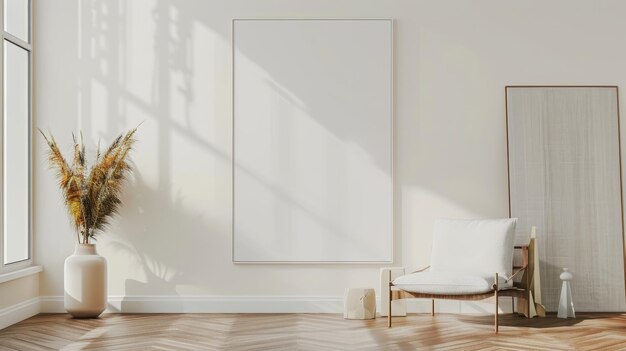 a white picture frame is on a wooden floor in a living room