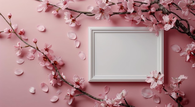 Photo white picture frame surrounded by pink cherry blossoms on a pink background