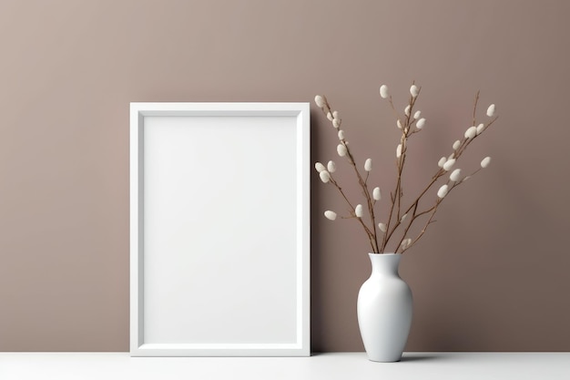 A white picture frame and a vase with cotton flowers on a white table.