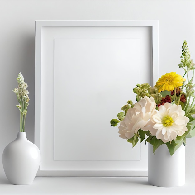 A white picture frame with flowers in it and a white vase with a green leaf.