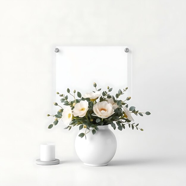 Photo a white picture frame with a white background and a vase with flowers in it