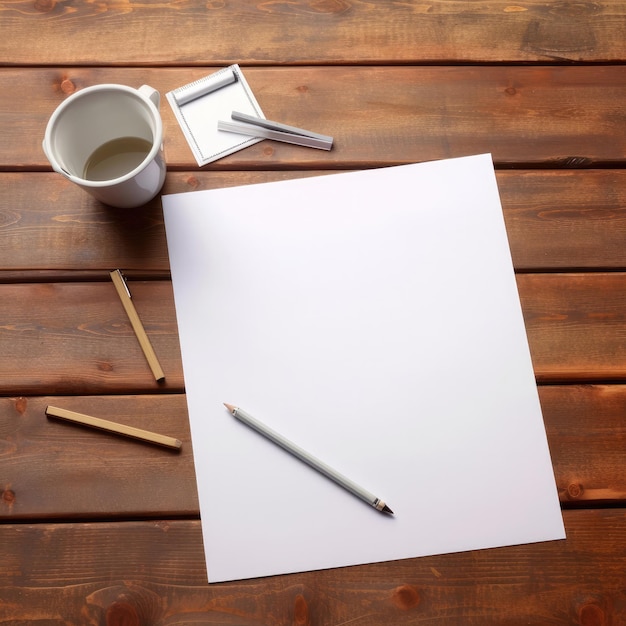 A white piece of paper with pencils and a cup of coffee on it