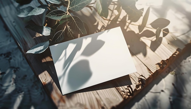 Photo a white piece of paper on a wooden table with a leaf on it