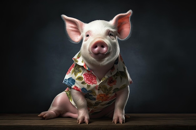 A white pig posing in a Hawaiian shirt in the style of conceptual portraiture with a dark background Generative AI