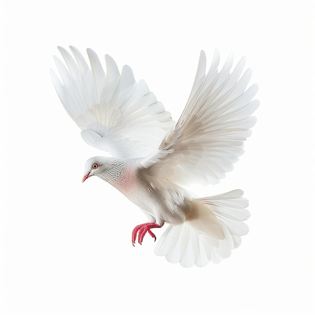 A white pigeon midflight wings extended gracefully