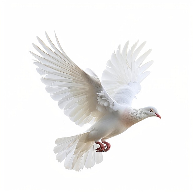 A white pigeon midflight wings extended gracefully