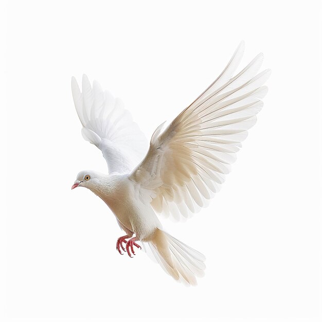 A white pigeon midflight wings extended gracefully