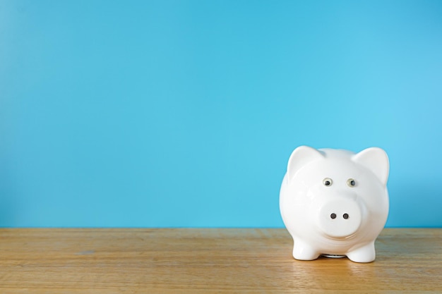 White Piggy bank on blue background with copy space