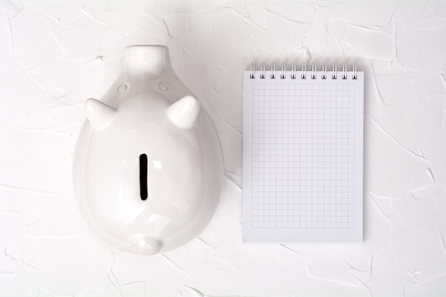 White piggy bank and notebook on a white background