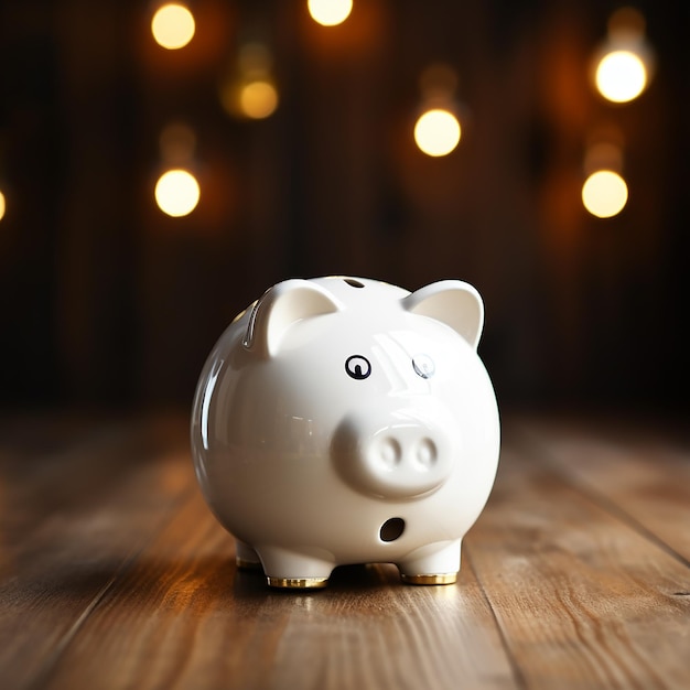 white piggy bank placed on a wooden table background to save money invest for future and love concep