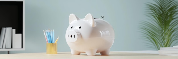 A white piggy bank sits on a desk with a plant in the background symbolizing financial plannin