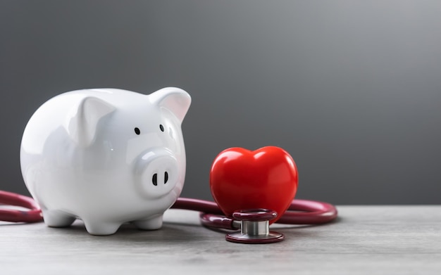 Photo white piggy bank a stethoscope and a red heart are placed on a table the image symbolizes the connection between financial planning health care and wellbeing