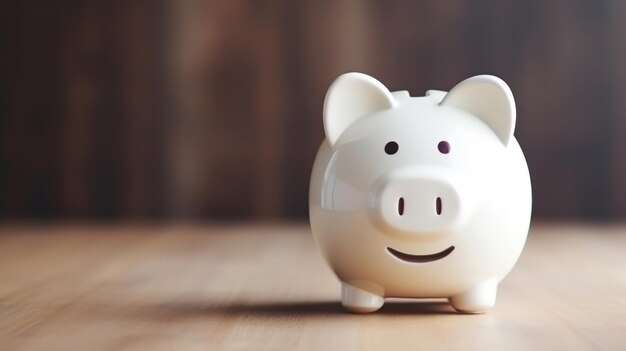 A white piggy bank on a wooden table