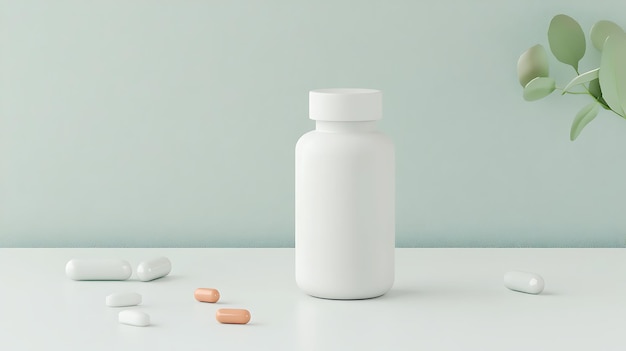 White pill bottle with scattered pills on a white table with a green wall and plant in the background