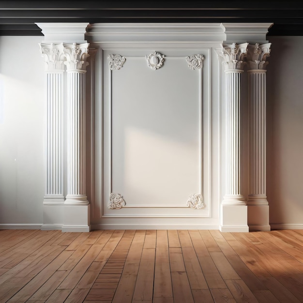 WHITE PILLAR BACKDROP WITH BROWN WOODEN FLOOR