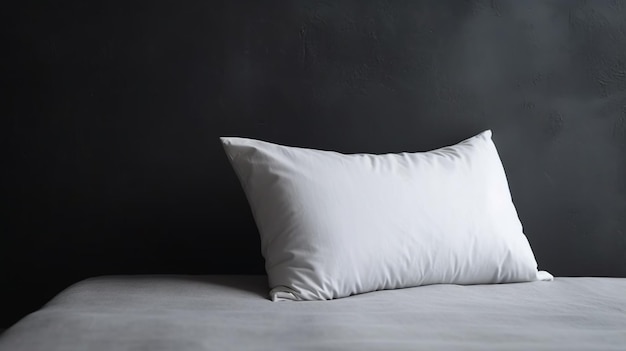 A white pillow on a bed with a black background.