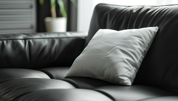 Photo white pillow on a black leather sofa