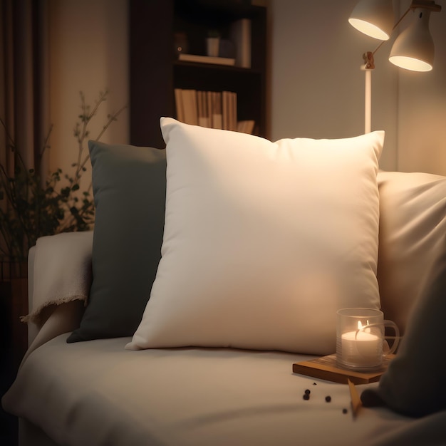 A white pillow on a couch with a candle on it