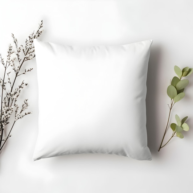 White pillow mockup isolated product with plants