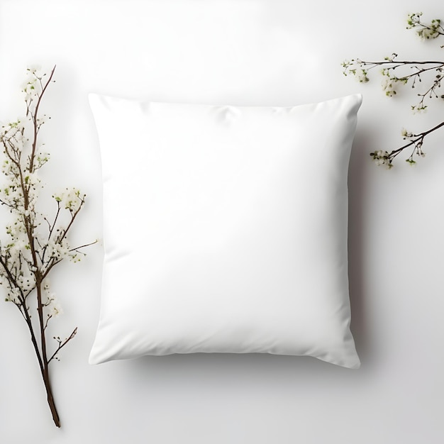 White pillow mockup isolated product with plants