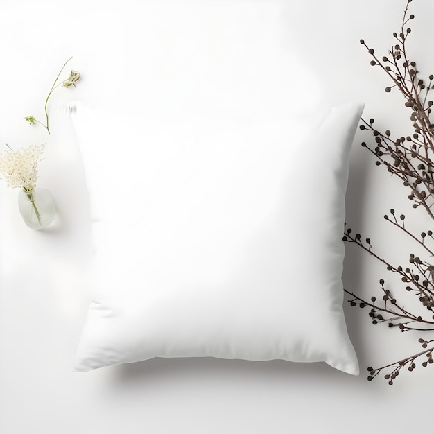 Photo white pillow mockup isolated product with plants