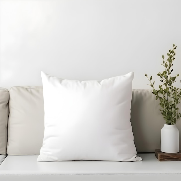 Photo white pillow mockup on a sofa with plants