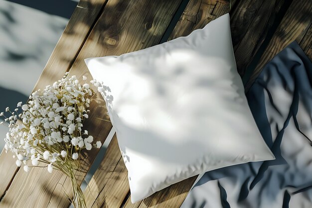 a white pillow with a white flower in the corner