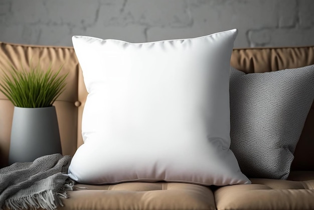 A white pillow with a white pillow on a couch.