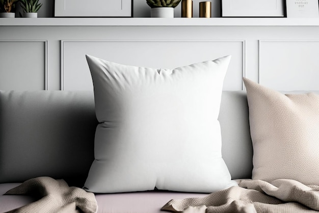 A white pillow with a white pillow on it sits on a bed with a plant in the background.