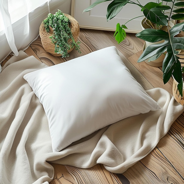 a white pillow with a white pillow on a wooden floor