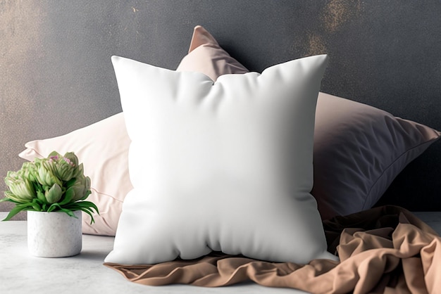 A white pillow with the word home on it sits on a bed next to a plant.