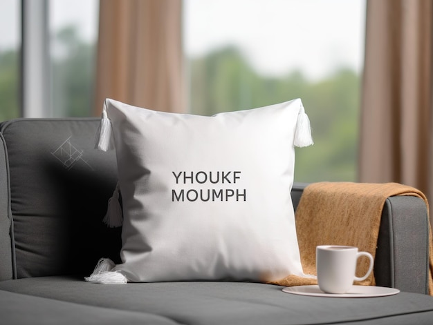 A white pillow with the word ykf mowm on it