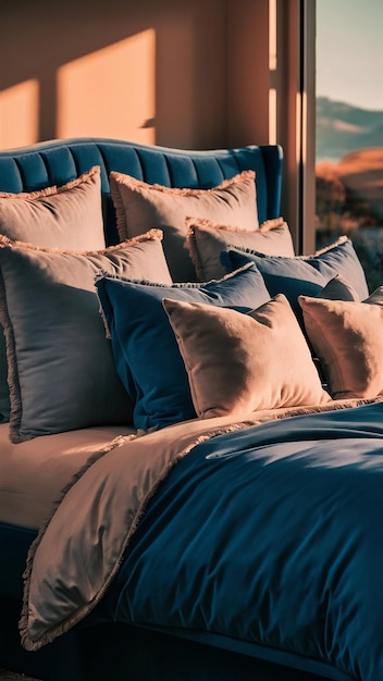 White pillows and duvet on the blue bed