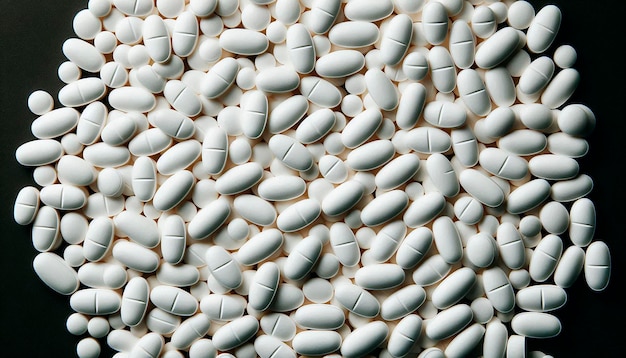 white pills are scattered on a white surface