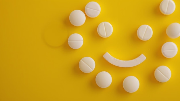 White pills arranged on a yellow background in the shape of a smiley face The pills are of various shapes and sizes