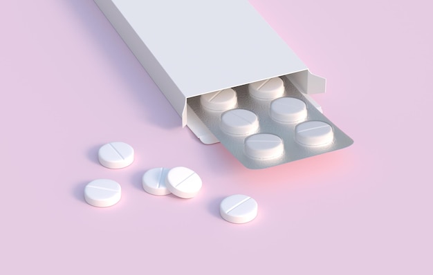 White pills in blister pack in cardbox packaging Mockup template 3d rendering