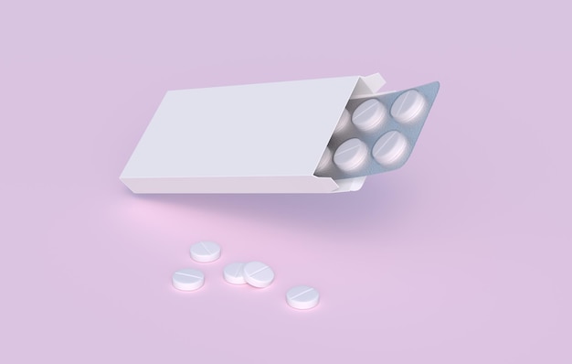 White pills in blister pack in cardbox packaging Mockup template 3d rendering