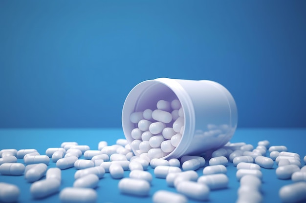 White pills from plastic medicine bottle on blue background with copy space Medicine and health