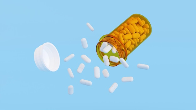 White pills spilled out of the yellow pills bottle Medicine bottles with drugs medical concept 3D rendering